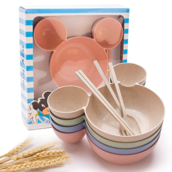 Kids Wheat Straw Dinner Set – Cartoon Bowl with Spoon, Fork & Chopsticks