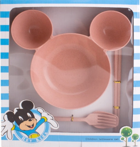 Kids Wheat Straw Dinner Set – Cartoon Bowl with Spoon, Fork & Chopsticks