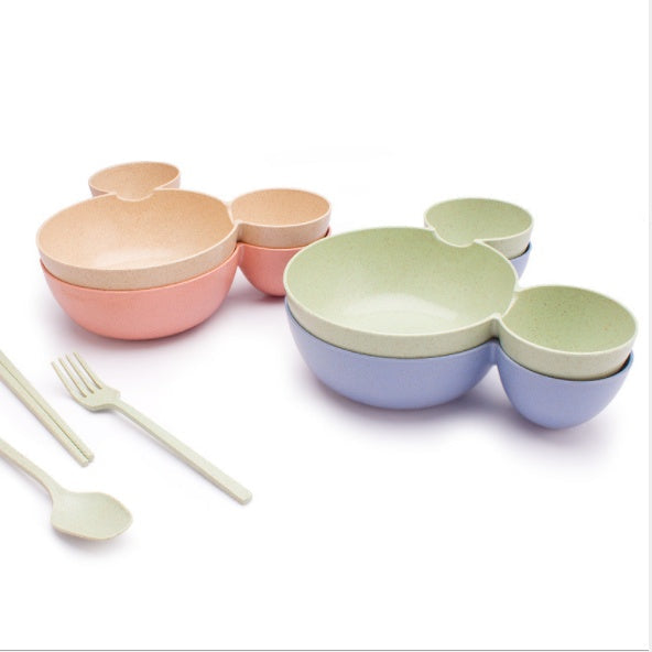 Kids Wheat Straw Dinner Set – Cartoon Bowl with Spoon, Fork & Chopsticks