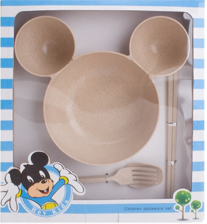 Kids Wheat Straw Dinner Set – Cartoon Bowl with Spoon, Fork & Chopsticks