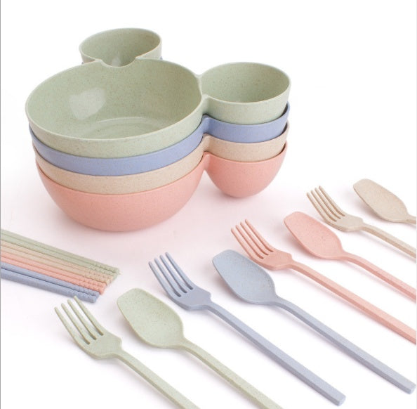 Kids Wheat Straw Dinner Set – Cartoon Bowl with Spoon, Fork & Chopsticks