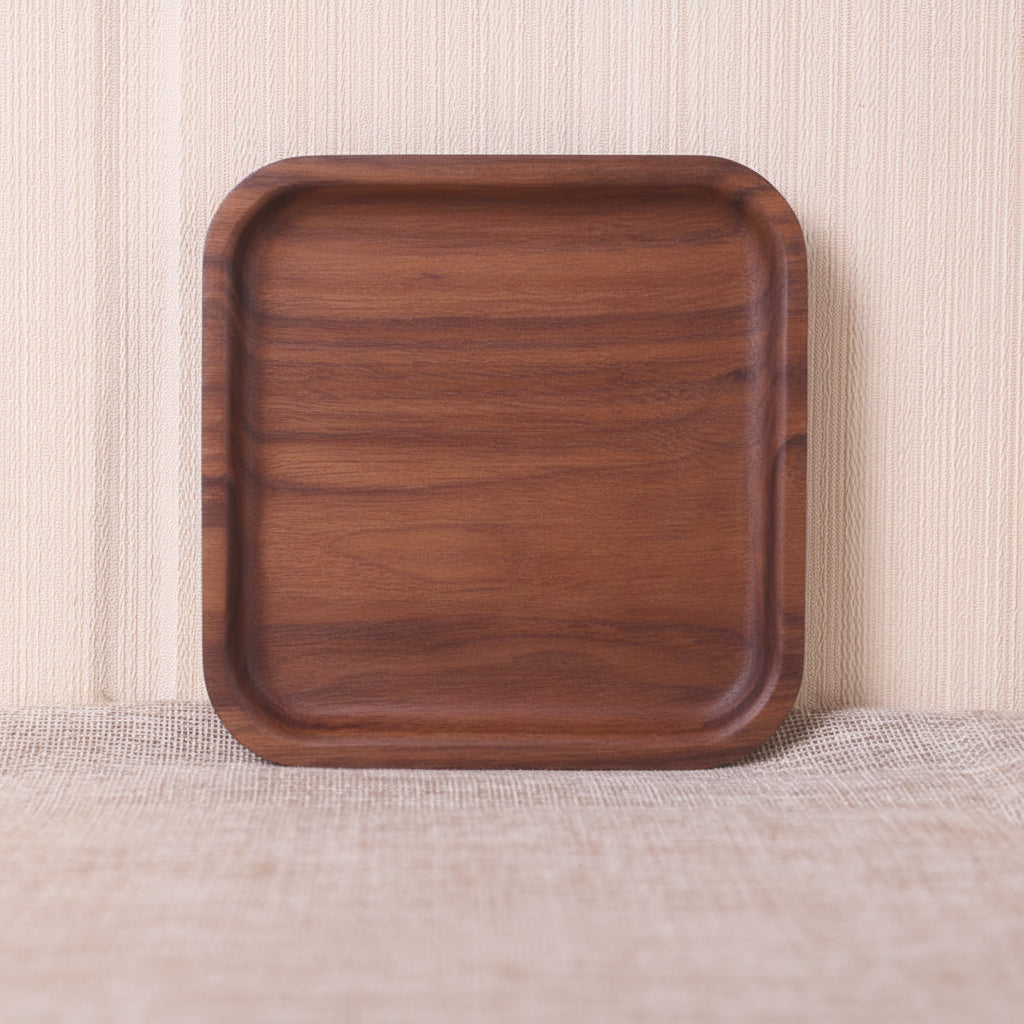 Wooden tray on a textured beige surface with dimensions displayed