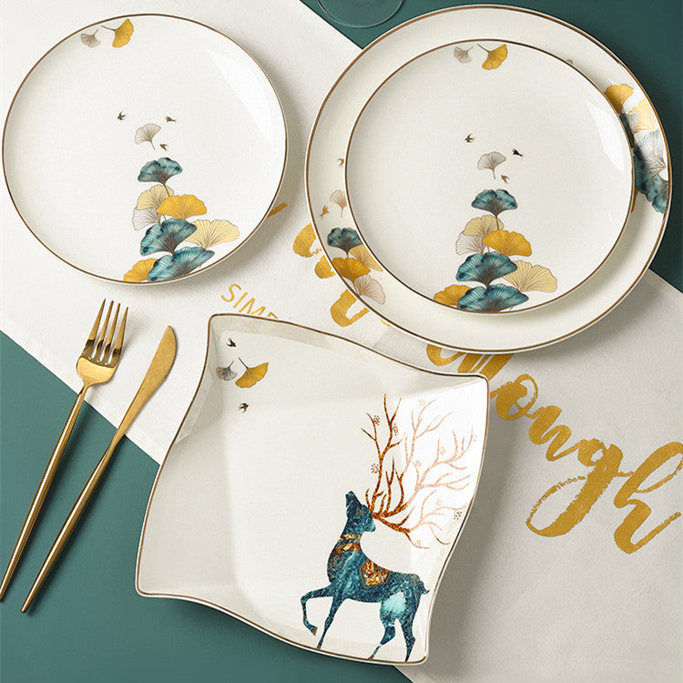Nordic Ceramic Dinner Plate – Floral Porcelain Steak Plate